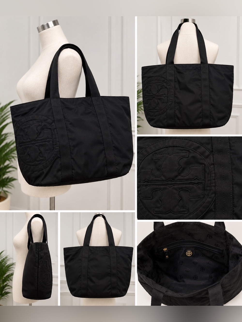 Tory Burch Black Nylon Large Tote Bag Double T Logo